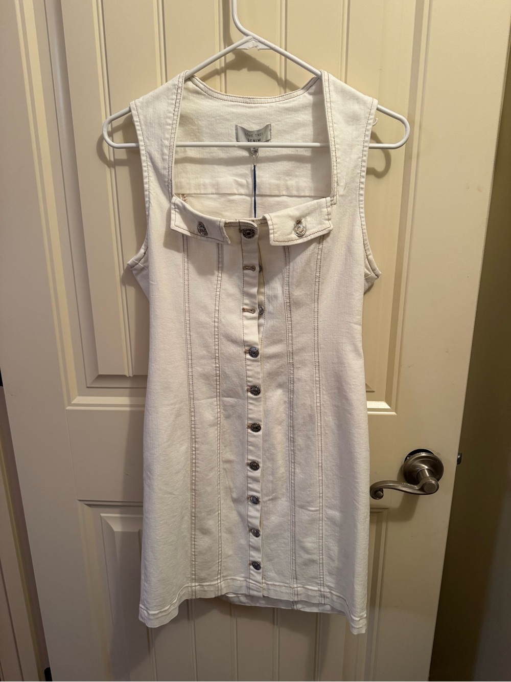 Love Tree White Button-Front Denim Overall Dress